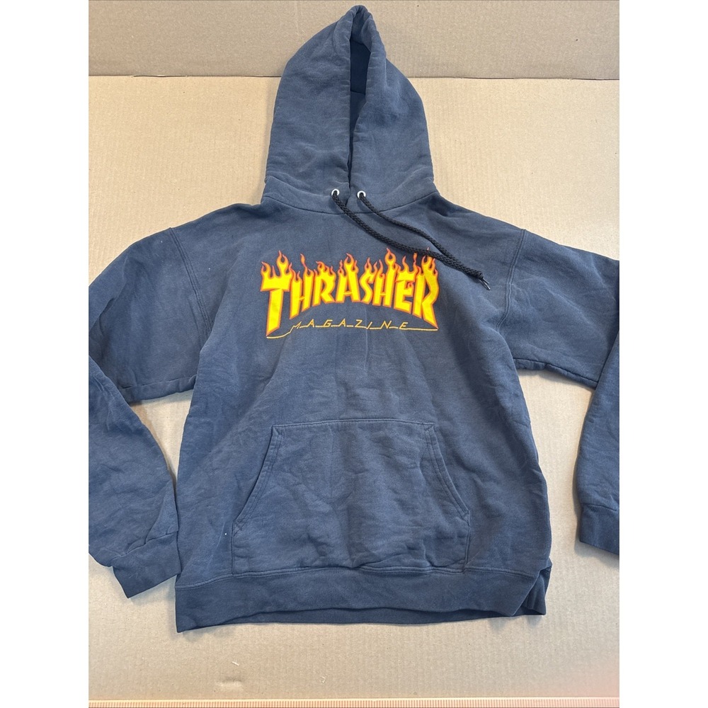Men's Thrasher Flame Logo Spellout Graphic Print Black Hoodie Sweatshirt Size S